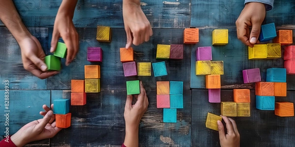 Fototapeta Multiple people cooperatively arrange vibrant wooden blocks on a rustic table, creating patterns and structures, symbolizing teamwork and creativity in a shared activity.