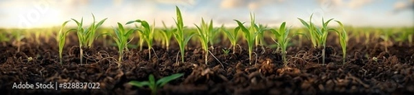 Fototapeta A panoramic view of Sorghum sprouts growing in the soil, with roots visible and green leaves showing signs of life. The background is blurred to emphasize the foreground.