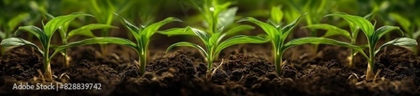 Fototapeta Photo of young Sorghum plants growing in the soil, showing roots and green leaves. The background is blurred to highlight details on each plant. 
