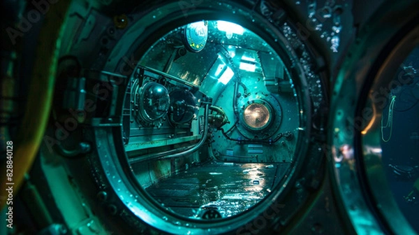 Fototapeta Underwater Photo of AI in Oceanography, in a Research Submarine, with Submerged Lighting, from an Underwater Angle, Exploring AI's Role in Marine Exploration