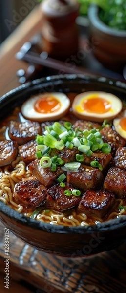Fototapeta Delicious bowl of ramen with beef cubes, boiled eggs, and green onions, capturing a vibrant and flavorful Japanese cuisine.