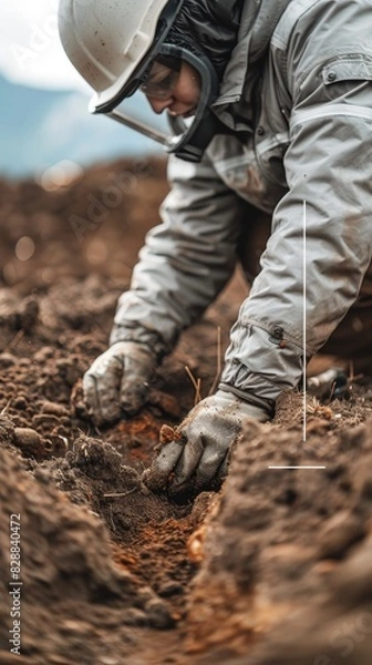 Fototapeta A man in a white helmet and a grey jacket is digging in the dirt