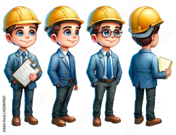Fototapeta Cartoon construction engineer character in hard hat and suit, front and back view poses, holding clipboard and making notes.