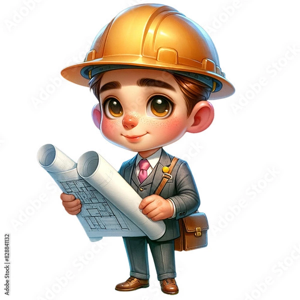 Fototapeta Cartoon illustration of a cute engineer in a suit, holding blueprints, wearing a hard hat, and smiling. Perfect for construction and engineering themes.