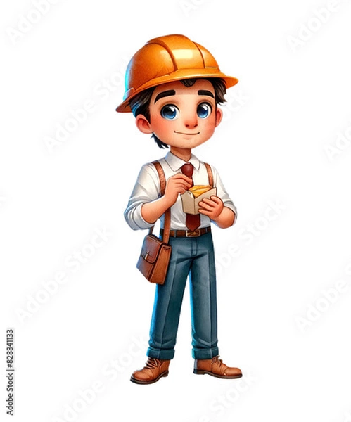 Fototapeta Cartoon engineer character wearing a hard hat, holding a clipboard and pen, dressed in business attire. Ideal for industrial or construction themes.