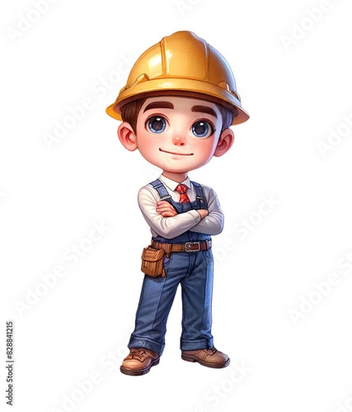 Fototapeta Cartoon young engineer in a hard hat with crossed arms, representing construction, engineering, and safety themes.