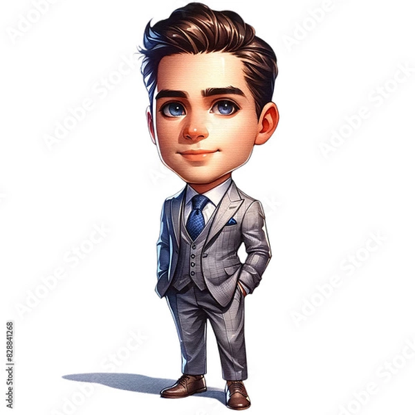 Fototapeta Charming cartoon businessman character in a gray suit, confidently posing with hands in pockets. Ideal for professional or business use.