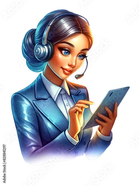 Fototapeta Professional woman in a blue suit using a digital tablet with headphones, representing business communication, technology, and customer service.