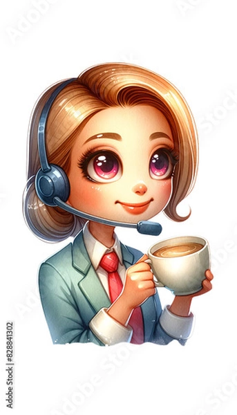 Fototapeta Cute cartoon businesswoman with a headset, enjoying coffee, in office attire and cheerful expression. Perfect for customer support themes.