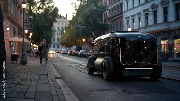Fototapeta Autonomous electric vehicle navigating smart city streets using advanced sensors and machine learning algorithms.