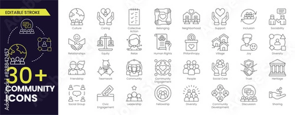 Obraz Community Stroke icon collections. Containing people, friendship, social, diversity, village, relationships, support and community development icons. Editable Stroke icon collection.