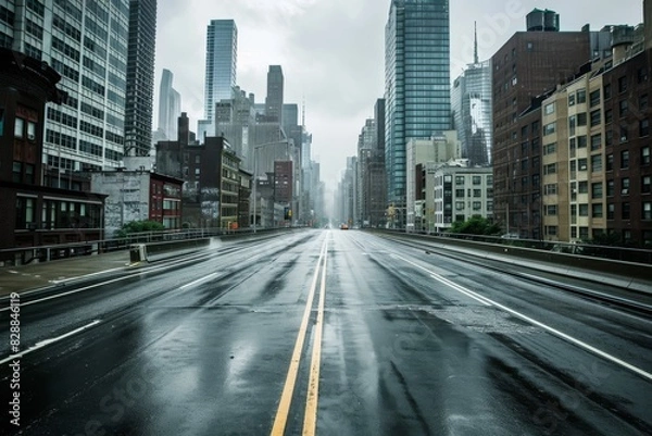 Fototapeta Empty highways skylines, A photo of an Empty asphalt road and a modern city, AI generated