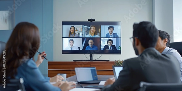 Fototapeta A group of individuals in an office participating in a video conference meeting, representing modern work environments, remote communication, and digital collaboration trends.