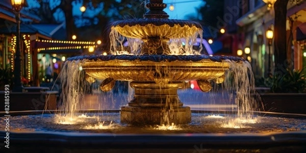 Obraz An illuminated water fountain comes to life at night, with glowing lights and a magical bokeh effect in the surrounding area