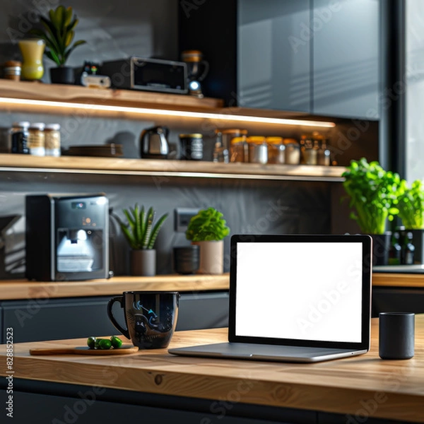 Fototapeta mock up laptop, Modern kitchen countertop with laptop, coffee mug, and plants. Blank screen for your message.