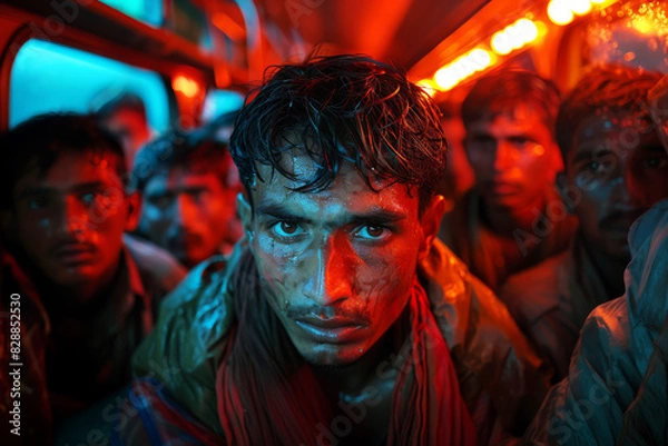 Fototapeta Tired migrant workers pack into a bus, making their way home after a long day of labor