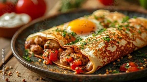 Fototapeta Savory Crepes with Sausage and Vegetables Topped with Fried Egg
