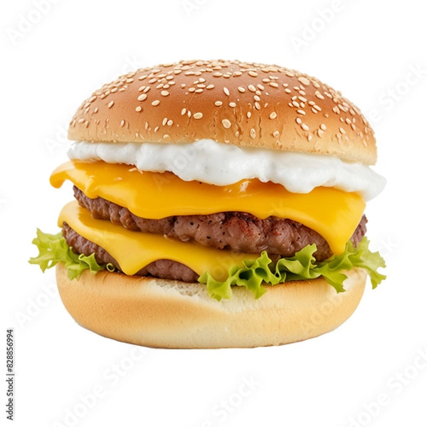 Fototapeta Generative ai cheeseburger with layers of grilled meat isolated on transparent background