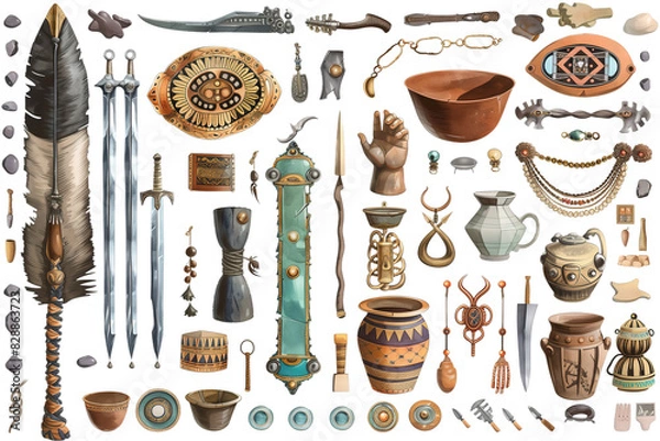 Fototapeta Illustrations of Ancient artifacts, including pottery, tools, and weapons, arranged neatly, showcasing a diverse range of historical items from an archaeological dig site. Transparent Background