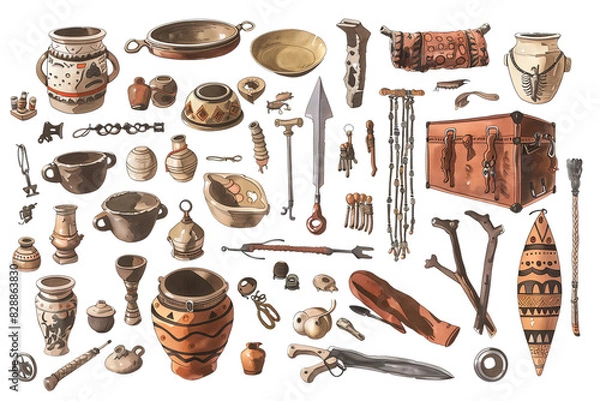 Fototapeta Illustrations of Ancient artifacts, including pottery, tools, and weapons, arranged neatly, showcasing a diverse range of historical items from an archaeological dig site. Transparent Background