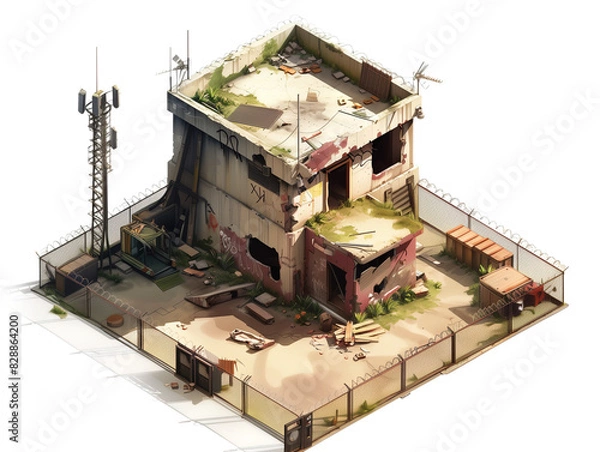 Fototapeta Abandoned Building Covered in Debris, Game Graphic Asset, Transparent Background