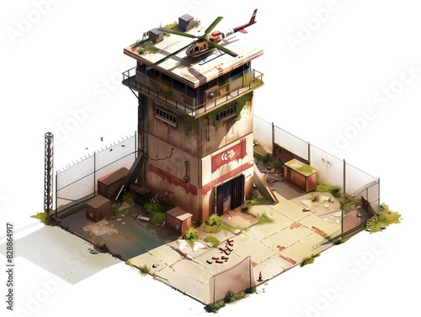 Fototapeta Tower with Helicopter on top, Game Graphic Asset, Transparent Background