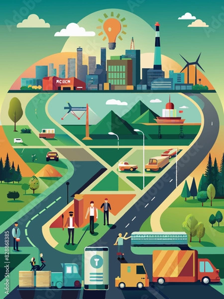 Fototapeta Sustainable Energy Cityscape with Diverse Transportation and Innovation Concept