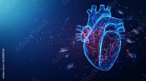 Fototapeta Human heart medical structure and capsule pills medications. Blood supply system. Hypertension, stroke, heart attack, arrhythmia. Heart symbolizing its vitality and importance in the human anatomy.