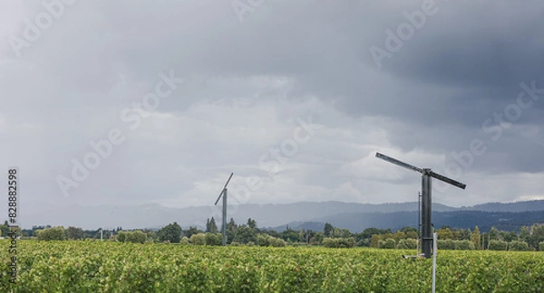 Fototapeta Wind generators turbines on summer vineyard landscape under cloudy sky before rain moves in. Header for website