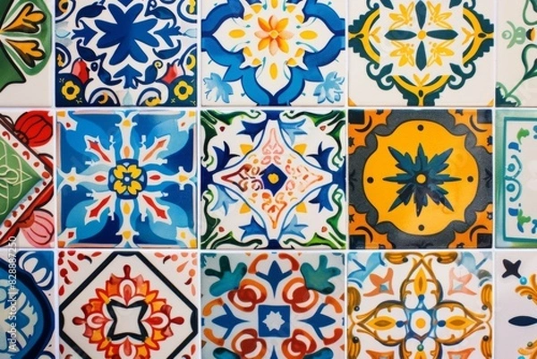 Fototapeta Vivid and intricate traditional Spanish ceramic tiles captured in a close-up illustration, showcasing the vibrant colors and detailed designs of the Fiesta in Spain.