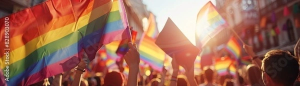 Fototapeta Activists at pride rally, holding equality signs, rainbow colors, 3D rendering, unity and strength, celebrating LGBTQ rights