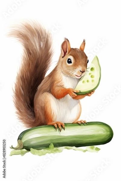 Fototapeta Illustration of a cute squirrel sitting on a zucchini, holding a cucumber slice. Perfect for nature, wildlife, and animal-themed content.