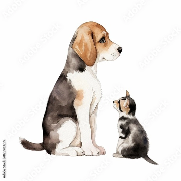 Fototapeta Watercolor illustration of a puppy and kitten sitting facing each other, showcasing adorable animal friendship on a white background.