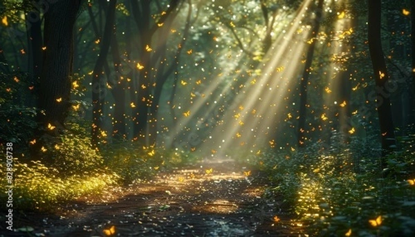 Fototapeta Enchanted Forest Path with Fireflies and Butterflies - Hyper Realistic Wooded Scene Captured with Nikon D7100