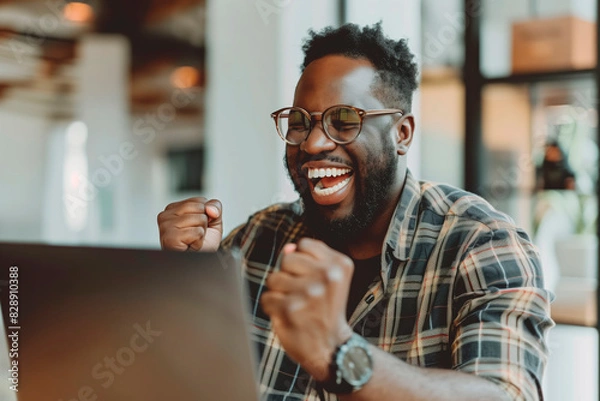 Fototapeta Happy man celebrating in front of a laptop in the office