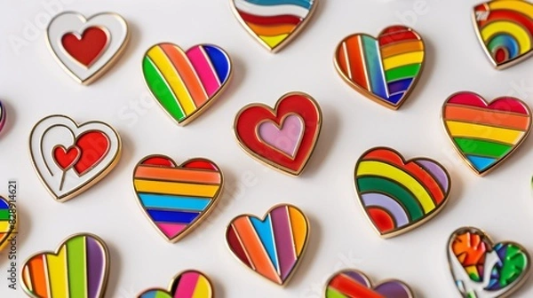 Fototapeta A detailed photo of a rainbow pride enamel pin collection on a clean white backdrop. The pins include various pride symbols and are depicted in brilliant colors and fine detail, highlighting their sig