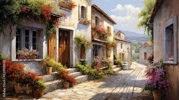 Fototapeta An oil painting of a quaint European village, with cobblestone streets, charming buildings, and colourful flowers in window boxes. 