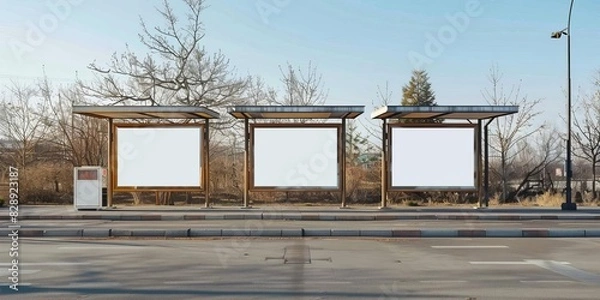 Obraz Empty Bus Stop with Multiple Billboards and a Clear, Bright Day
