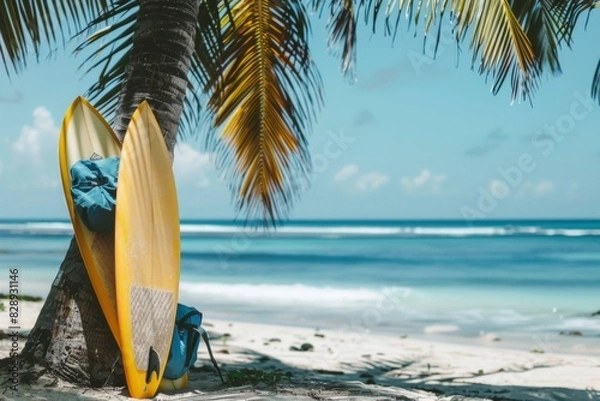 Fototapeta A surfboard propped against a palm tree, fins peeking out from a beach bag, ready for adventure
