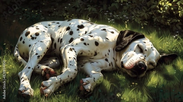Fototapeta Dalmatian sleeping peacefully on the grass in summer. Generative ai
