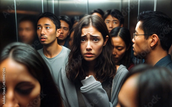 Fototapeta Anxious Woman in Crowded Elevator Feeling Claustrophobic and Trapped