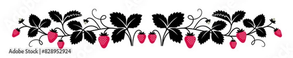 Fototapeta Decorative pattern or border with graphic strawberry plant illustration. Ripe summer berry background.