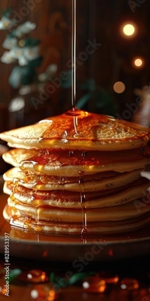 Obraz A stack of fluffy pancakes with rich syrup being poured over them, set against a warm, inviting background perfect for breakfast.