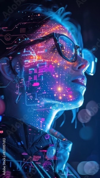 Fototapeta Futuristic woman in glasses with digital overlay, symbolizing technology, data integration, and innovation in a neon-lit environment.