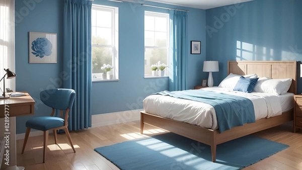 Fototapeta Inviting, well-lit bedroom with a wooden bed, blue accents, minimalist design, and a serene color palette