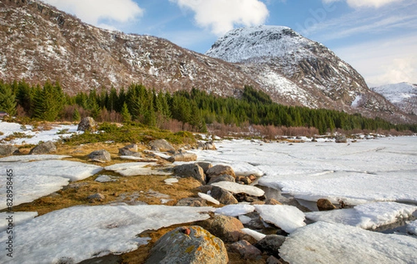 Obraz frozen lake by the mountain river in the Lofoten