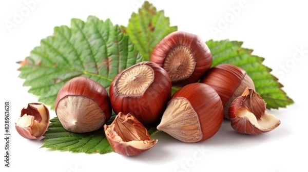 Fototapeta Hazel Nut. Macro Filbert Snack and Brown Nutshell Isolated on White Background