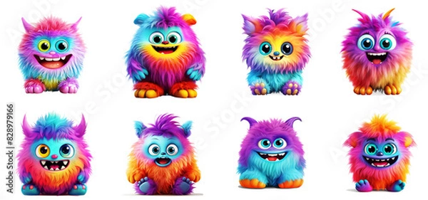 Obraz Set of eight funny cartoon cute colorful playful joy happy furry monster isolated on transparent white background 