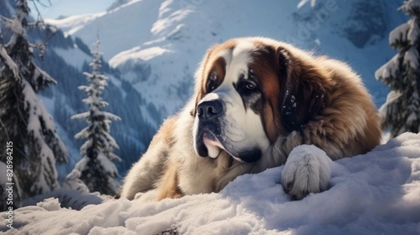 Obraz Serene Saint Bernard in Snowy Winter Wonderland - Tranquility and Warmth in Cold Setting