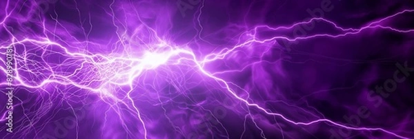Fototapeta Intense and bright purple lightning bolts crackle across a dark sky in this electrifying image